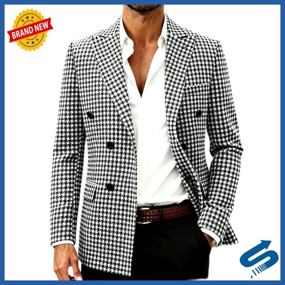 Men's Slim Fit Houndstooth Blazer Double Breasted Lapel Sport Coat